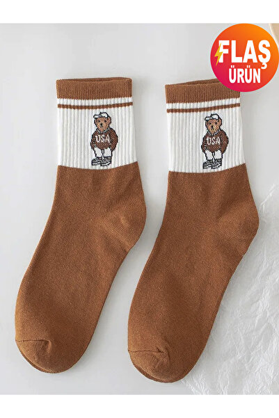 KEMSON Унисекс комплект от 5 чифта памучни чорапи в ретро стил – мече, колежански райета, за ежедневна употреба