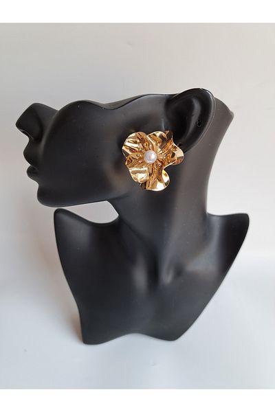 BHR AKSESUAR Gold Pearl Flower Earrings