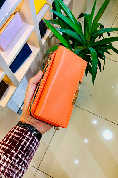 derius محفظة نسائية برتقالية كبيرة الحجم مع حجرة للعملات المعدنية (جلد نباتي)