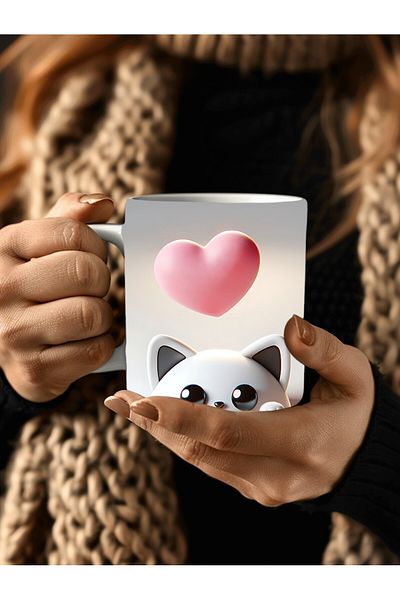 Evion Cute Animals with Hearts 3D Porcelain Mug Mug - Gift Mug - Printed Mug