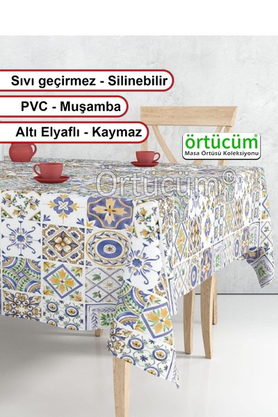 Örtücüm Çini Desenli Renkli Silinebilir Astarlı Pvc Muşamba Mutfak Bahçe Balk...