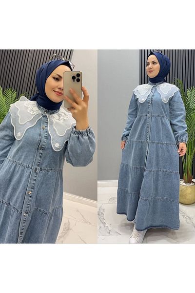 OlaLady Rochie de damă din denim musulman cu guler din dantelă Guipure