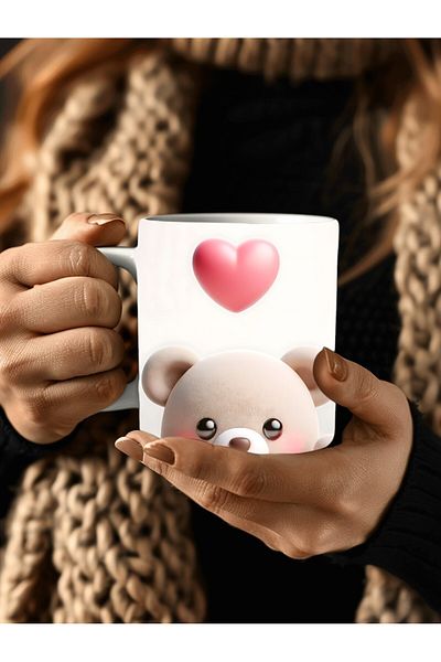 Evion Cute Animals with Hearts 3D Porcelain Mug Mug - Gift Mug - Printed Mug