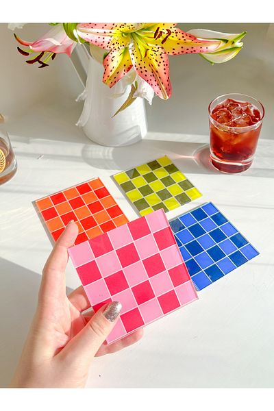 arslart Colorful Transparent Checkered Checkered Coasters