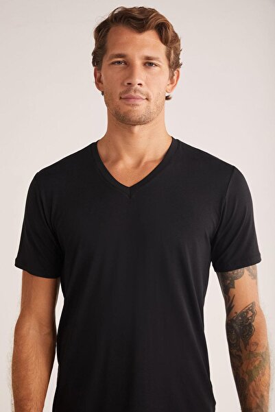 Kom Ανδρικό μπλουζάκι Emilio με λαιμόκοψη σε σχήμα V, μαύρο