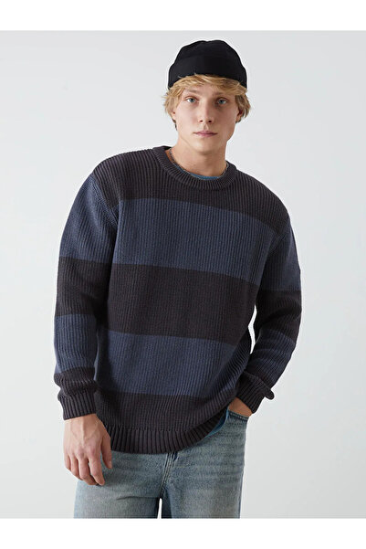 LC Waikiki Xside Anthracite Crew Neck Long Sleeve Color-Blocking Men's Knitwear Sweater