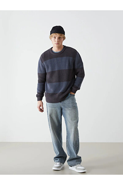 LC Waikiki Xside Anthracite Crew Neck Long Sleeve Color-Blocking Men's Knitwear Sweater