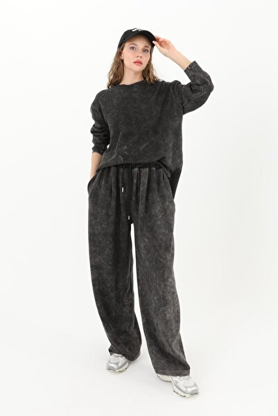 Puane Kadın Büyük Beden Kendinden Desenli Rahat Kalıp Modal Kumaş Pantolonlu Spor Takım 14288