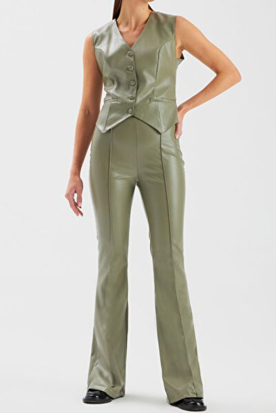 Lady Beezy Boutıque Kadın İçi Süet Suni Deri Pantolon veYelek Haki Renk Deri İkili Takım