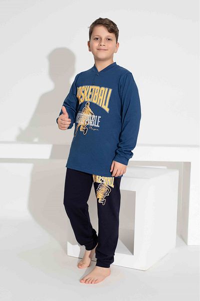 Tarık Boy's Combed Single Jersey Navy Blue Black Half Button Basketball Printed Long Sleeve Pajamas Set