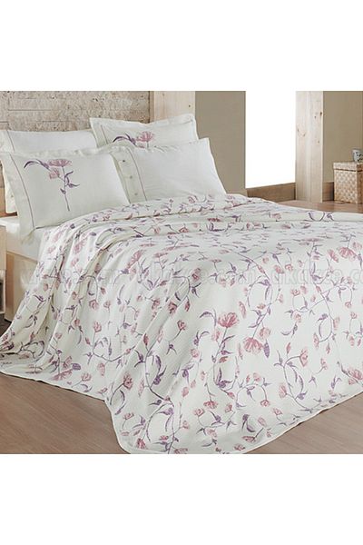 Sarev Partrizia Double Ecru Purple Pink Floral Patterned Pique Set