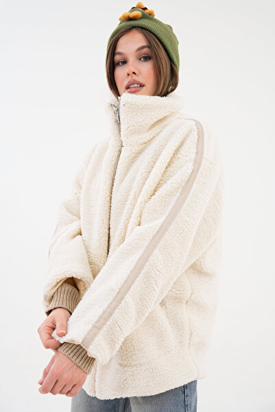 VOLT CLOTHİNG Γυναικείο βελούδινο παλτό με ριγέ λεπτομέρεια με φερμουάρ