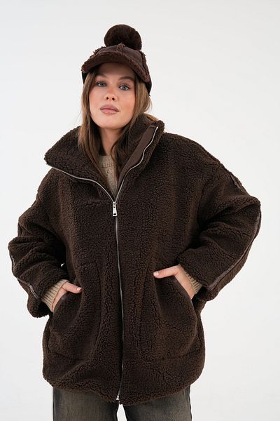 VOLT CLOTHİNG Damen-Plüschmantel mit Streifendetail und Reißverschluss