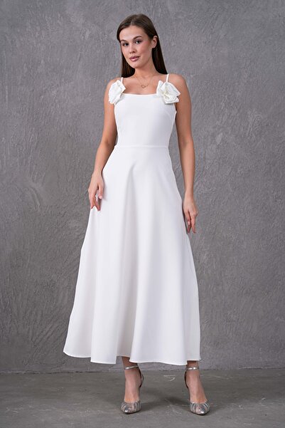 barış sülün lovebox Biała sukienka midi bez ramiączek - odpinany detal z różą...