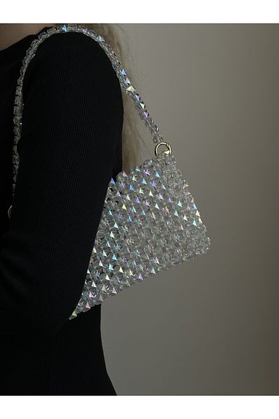 vivozza Rochie de seara cu margele transparente de cristal si geanta pentru evenimente - geanta de umar