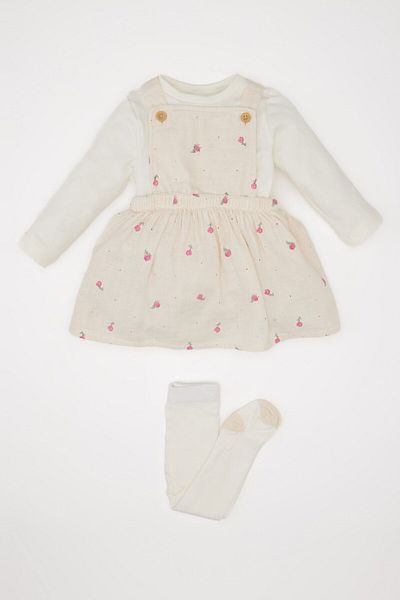 DeFacto Langarm-T-Shirt mit Musselin-Blumendruck, Salopet-Kleid und Strumpfhosen-Set für Babys – D9096A525SP