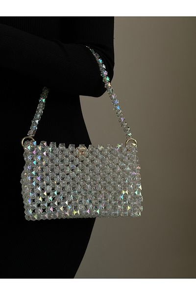 vivozza Rochie de seara cu margele transparente de cristal si geanta pentru evenimente - geanta de umar
