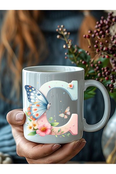 Evion Butterfly Letter Alphabet Porcelain Mug - Gift Mug - Printed Mug
