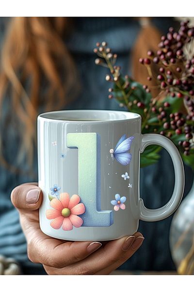 Evion Butterfly Letter Alphabet Porcelain Mug - Gift Mug - Printed Mug