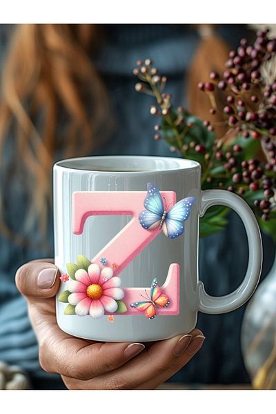 Evion Butterfly Letter Alphabet Porcelain Mug - Gift Mug - Printed Mug