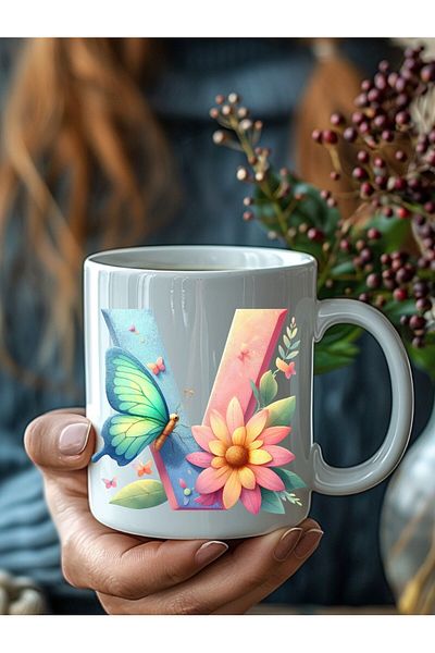 Evion Butterfly Letter Alphabet Porcelain Mug - Gift Mug - Printed Mug