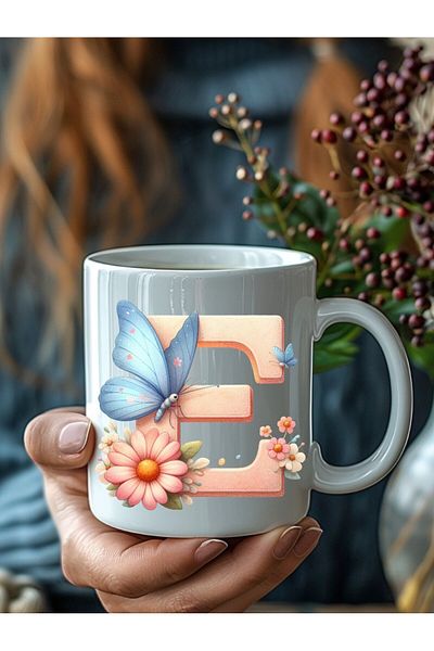 Evion Butterfly Letter Alphabet Porcelain Mug - Gift Mug - Printed Mug