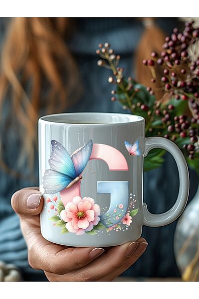 Evion Butterfly Letter Alphabet Porcelain Mug - Gift Mug - Printed Mug