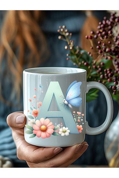 Evion Butterfly Letter Alphabet Porcelain Mug - Gift Mug - Printed Mug