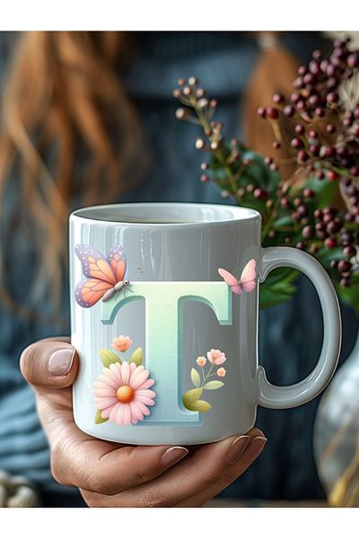 Evion Butterfly Letter Alphabet Porcelain Mug - Gift Mug - Printed Mug