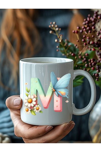 Evion Butterfly Letter Alphabet Porcelain Mug - Gift Mug - Printed Mug