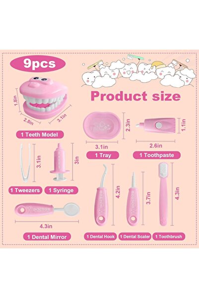 Yelajoy 9-Piece Dental Pretend Play Set, Safe and durable, hand-eye coordination, Suitable for Kids 3+,Pink