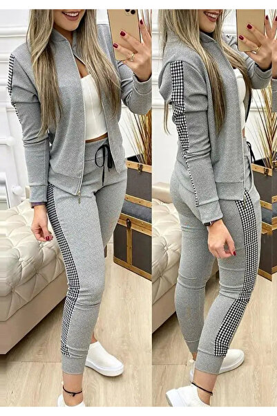 Little Visqon Women's Front Zippered Plaid Stripe Detailed Double Suit