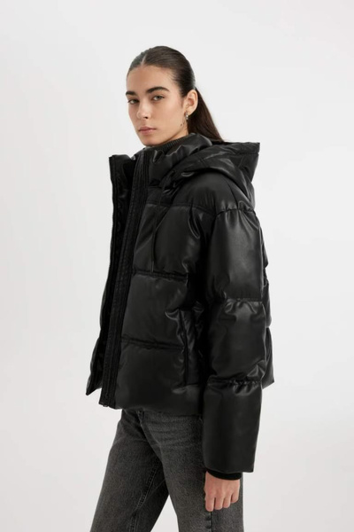 DeFacto Palton hidrofug din piele artificială cu glugă, fleece în interior, buzunar cu fermoar A0804ax24wn