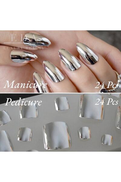 EDA LUXURY BEAUTY 48'li Gümüş Metalik Ayna Efektli Uzun El & Ayak Takma Tırna...