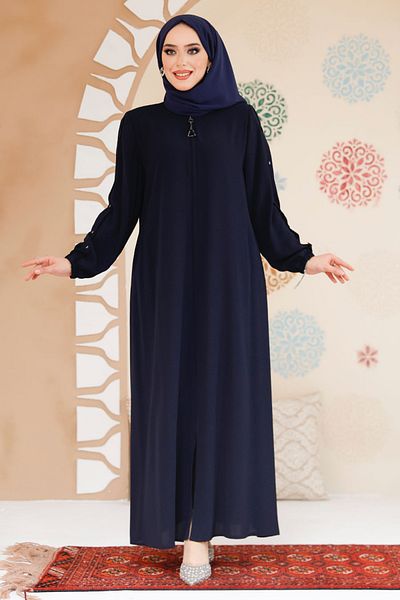 Neva Style Dark Navy Blue Hijab Ferace with Handles Button Detail 45292Kl