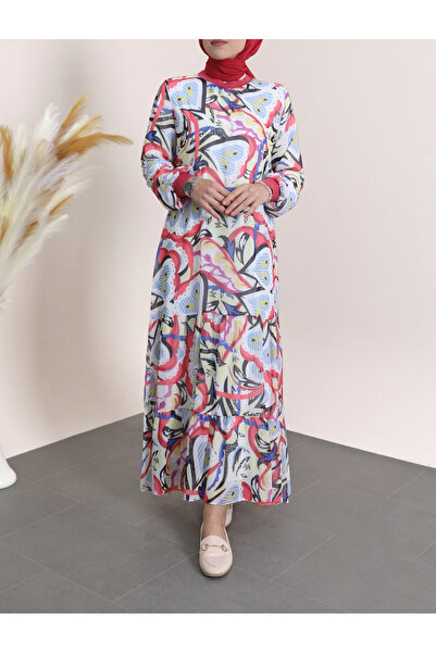 Modamorfo Gerippter Rock mit Kragen und gemustertem Chiffonkleid