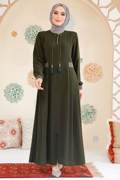 Neva Style حجاب كاكي بتفاصيل طيات Ferace 45271HK