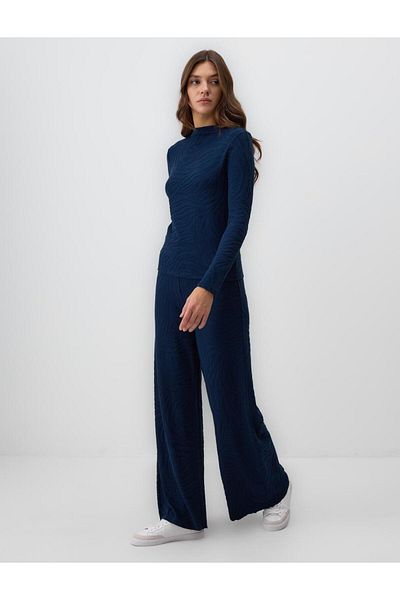 Jimmy Key Navy Blue Relaxed Fit High Waist Wide Leg Patterned Trousers