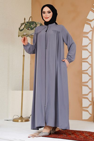 Neva Style Hijab gri cu fermoar Ferace 45290GR