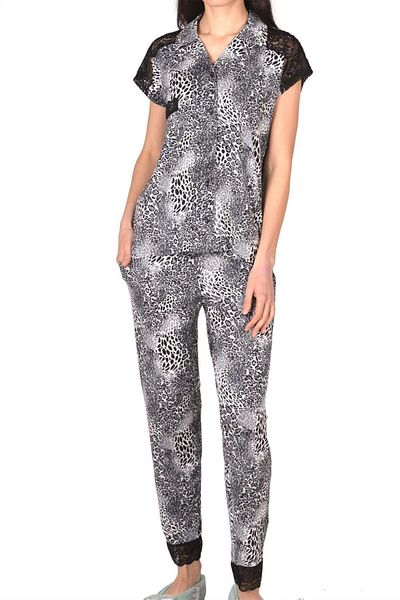 Nicoletta Set de pijamale de damă, cu mânecă scurtă, cu nasturi din bumbac, lycra, gri