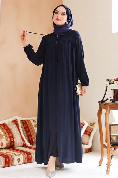 Neva Style Zippered Navy Blue Hijab Ferace 45290L