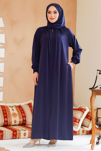Neva Style Zippered Navy Blue Hijab Ferace 45293L