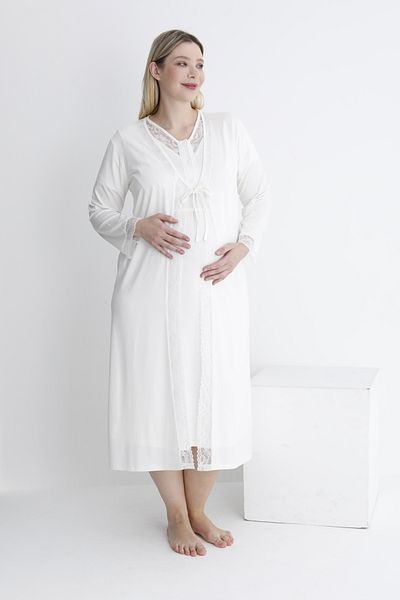 Miss Dünya Lissa White Plus Size Maternity Nightgown Set with Dressing Gown