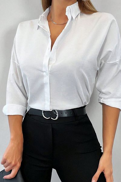 TrendyFashion Cămașă de damă, albă, oversize, lungă, de bază, din bumbac teric