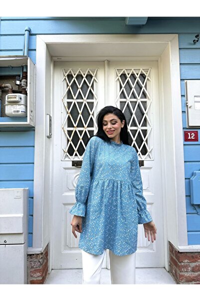 KÜÇÜĞÜM BUTİK Tunica albastra din poplin - cu decolteu cu volane si detalii crocante