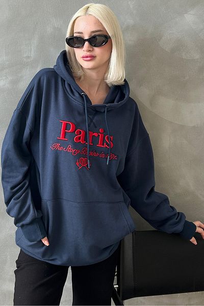 Seeh Navy Blue Oversize Hooded Women's Sweatshirt Sh190