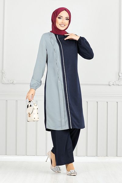 ModaMerve Μέγεθος M Rib Λεπτομερής Σετ Hijab - Navy