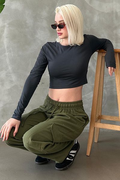 Seeh Muslin Fabric Khaki Women's Trousers - Pocket Detail and Waist Elastic Sh186