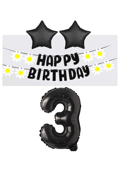 BAL10 DÜNYASI Bal10 Black Star Foil - مجموعة لافتة عيد ميلاد سعيد بيضاء ديزي ...