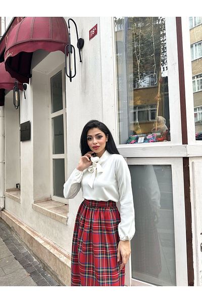 KÜÇÜĞÜM BUTİK Red Plaid Gathered Waist Long Skirt
